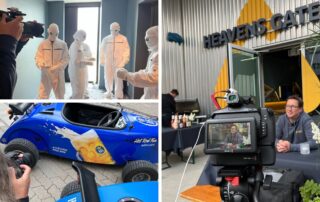 Collage von der Eröffnung von Werk4 im Werksviertel Mitte: Kameramann, Rennwagen und Interview unter „Heaven’s Gate“