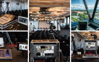 Collage vom Livestreaming „Werte BS“: Bildmischer im Flightcase, Kameras und Saal