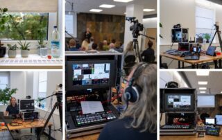 Collage vom Multicam-Streaming „Lesen und Schreibmotorik mit KI“: Regie, Kameras und Vortrag