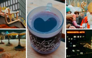 Collage vom WinterWunderWERK im Werksviertel Mitte: Glühweintasse, Nikolaus, Lichterfigur und Schlitten