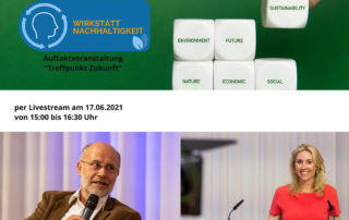 Einladung „Treffpunkt Zukunft“ zur Wirkstatt Nachhaltigkeit mit Würfeln und Fotos eines Redners und einer Moderatorin